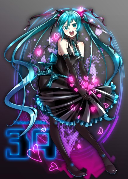 Anime picture 1295x1812 with vocaloid hatsune miku caffein single long hair tall image open mouth twintails bare shoulders aqua eyes aqua hair 39 girl dress gloves ribbon (ribbons) elbow gloves heart