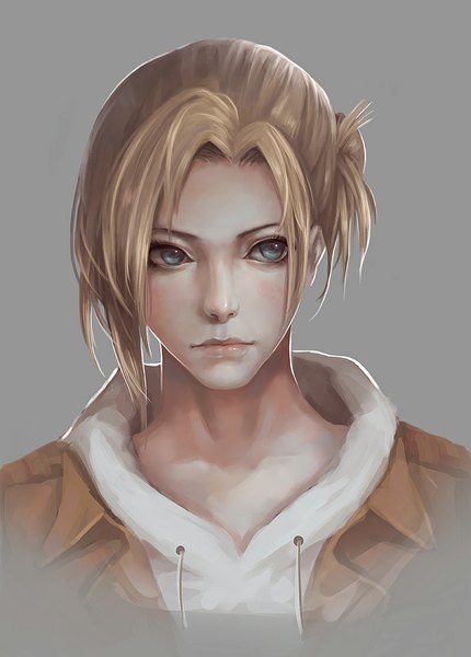 Anime picture 800x1115 with shingeki no kyojin production i.g annie leonhart ryu (pixiv 6630104) single long hair tall image blue eyes simple background blonde hair looking away grey background portrait girl jacket
