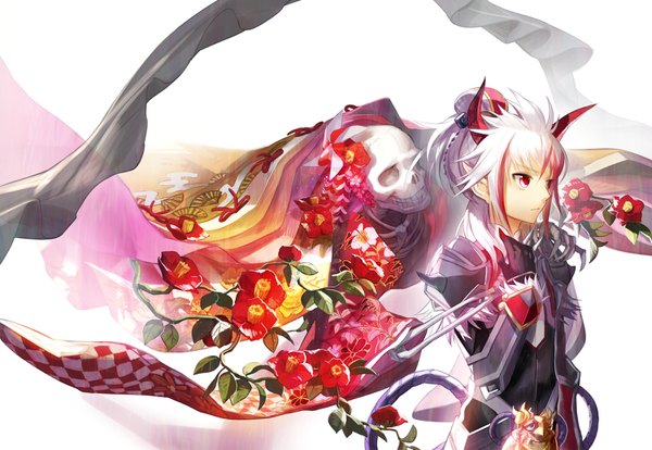 Anime picture 1500x1036 with elsword scorpion5050 single long hair red eyes standing white background payot looking away white hair red hair traditional clothes japanese clothes profile multicolored hair two-tone hair hair rings skeleton boy gloves