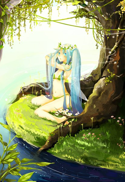 Anime picture 1034x1500 with vocaloid hatsune miku tagme (artist) long hair tall image blush open mouth sitting twintails hair flower aqua eyes aqua hair river nature fairy lake girl hair ornament flower (flowers) swimsuit