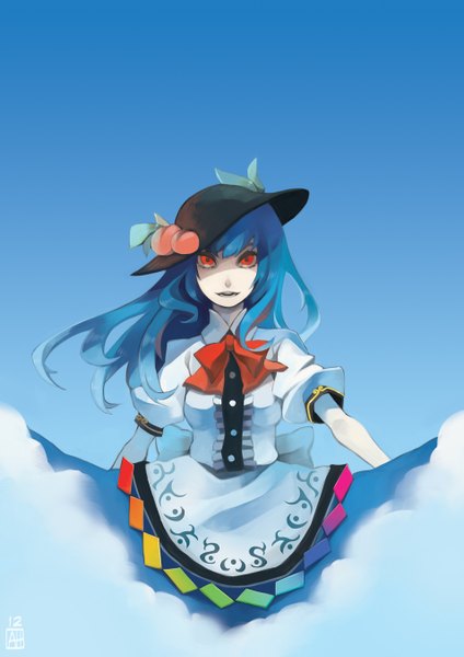 Anime picture 955x1350 with touhou hinanawi tenshi arlmuffin single long hair tall image looking at viewer simple background red eyes signed blue hair parted lips blue background girl hat fruit peach
