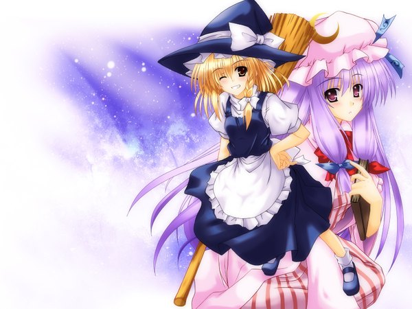 Anime picture 1600x1200 with touhou kirisame marisa patchouli knowledge aoi hiro long hair blonde hair purple hair girl skirt ribbon (ribbons) hat skirt set broom