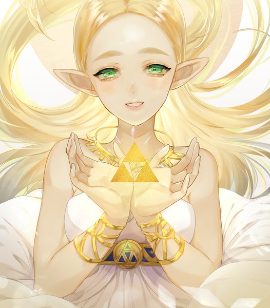 Anime picture 963x1098 with the legend of zelda the legend of zelda: breath of the wild nintendo princess zelda dororon1 single long hair tall image looking at viewer blonde hair smile green eyes upper body pointy ears grin triforce girl dress bracelet white dress