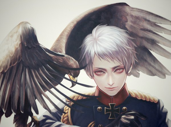 Anime picture 1537x1150 with axis powers hetalia studio deen prussia (hetalia) fioletovyy single short hair simple background red eyes looking away silver hair upper body arm up grey background bird on hand boy gloves uniform animal black gloves bird (birds)