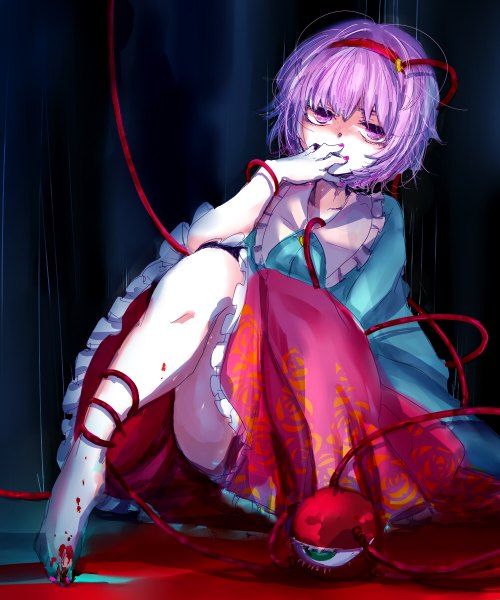 Anime picture 1000x1200 with touhou komeiji satori single tall image short hair purple eyes purple hair nail polish barefoot pink nail polish eyes girl hairband blood