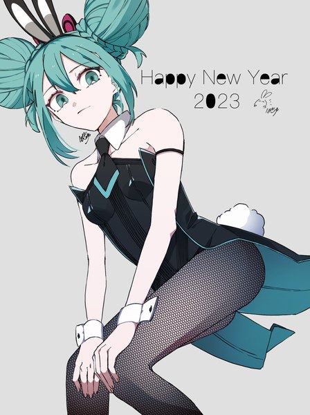 Anime picture 1530x2048 with vocaloid hatsune miku bicute bunnies miku eiku single tall image fringe short hair breasts light erotic simple background hair between eyes standing bare shoulders signed animal ears payot tail braid (braids) animal tail