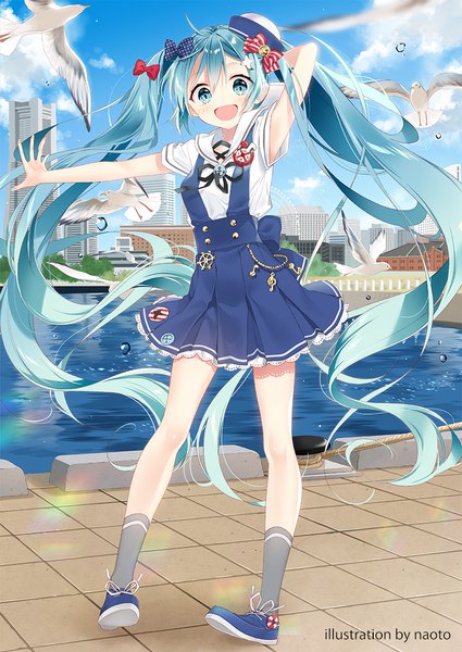 Anime picture 842x1190 with vocaloid hatsune miku yokohama doll museum miku naoto (tulip) single tall image looking at viewer blush fringe open mouth smile hair between eyes standing signed payot sky cloud (clouds) ahoge outdoors very long hair