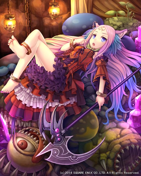 Anime picture 1800x2250 with lost crusade square enix namaru (summer dandy) single long hair tall image highres open mouth blue eyes animal ears pink hair barefoot bare legs girl dress weapon bracelet scythe