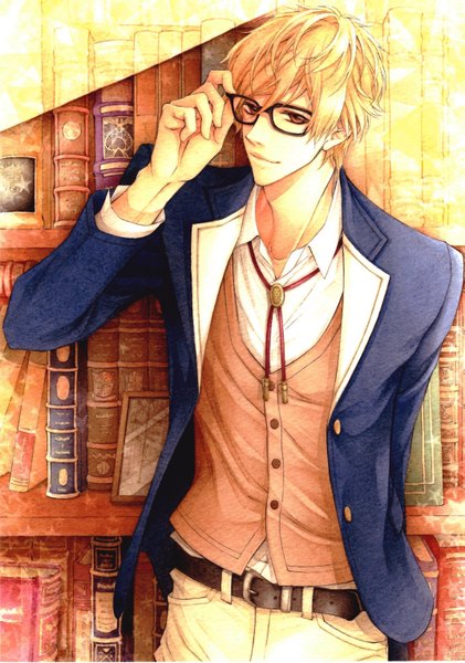 Anime picture 2143x3051 with original maki (110maki011) single tall image highres short hair blonde hair smile brown eyes boy glasses belt book (books) pants shelf bookshelf