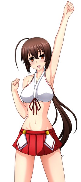 Anime picture 666x1500 with sekirei musubi kenken single long hair tall image looking at viewer blush open mouth light erotic simple background red eyes brown hair white background girl skirt