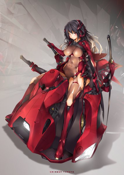 Anime picture 2149x3035 with original kopianget single long hair tall image fringe highres breasts light erotic black hair hair between eyes red eyes large breasts full body covered navel gradient hair mecha musume science fiction impossible clothes girl
