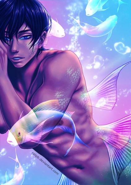 Anime picture 900x1273 with free! kyoto animation nanase haruka (free!) ralipb single tall image fringe short hair blue eyes light erotic black hair hair between eyes parted lips underwater muscle arched back boy animal bubble (bubbles) fish (fishes)