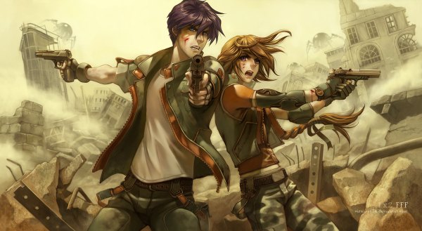 Anime picture 1200x658 with mobile suit gundam gundam wing sunrise (studio) heero yuy duo maxwell virus-ac74 long hair short hair open mouth blonde hair wide image purple eyes purple hair braid (braids) back to back ruins military boy gloves weapon