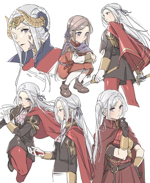 Anime picture 1684x2048 with fire emblem fire emblem: three houses nintendo edelgard von hresvelg hegemon edelgard nanao parakeet long hair tall image looking at viewer simple background brown hair standing white background purple eyes holding looking away white hair horn (horns) side ponytail squat