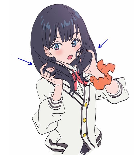 Anime picture 867x1000 with gridman universe ssss.gridman studio trigger takarada rikka makai no juumin single long hair tall image looking at viewer blush fringe open mouth blue eyes black hair simple background upper body holding hair wrist scrunchie girl uniform