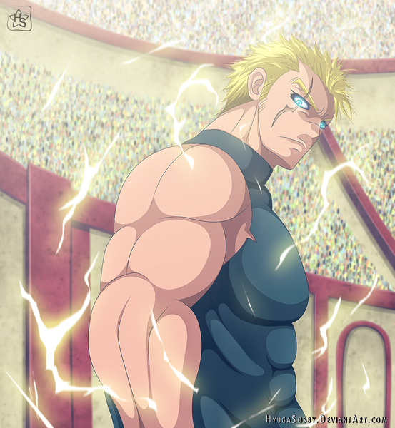 Anime picture 1106x1200 with fairy tail laxus dreyar hyugasosby single tall image short hair blue eyes blonde hair coloring magic glowing scar glowing eye (eyes) muscle electricity boy