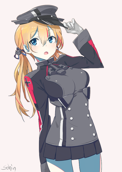 Anime picture 566x800 with kantai collection prinz eugen (kantai collection) sohin single long hair tall image blush open mouth blue eyes simple background blonde hair hair between eyes twintails signed looking away pleated skirt grey background girl skirt gloves