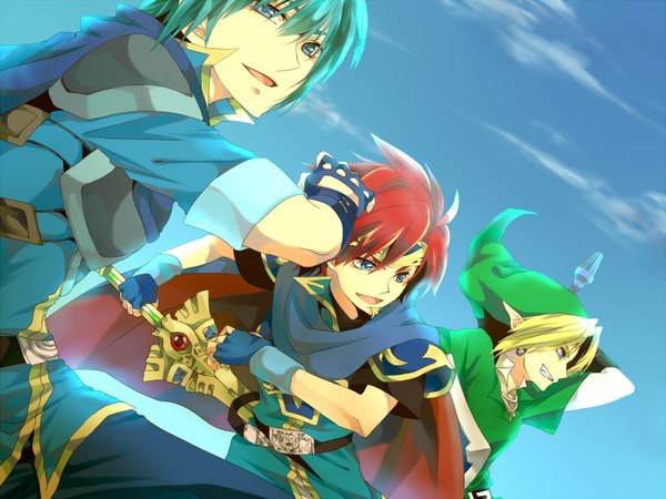 Anime picture 1600x1200 with fire emblem the legend of zelda super smash bros. fire emblem: mystery of the emblem nintendo link roy (fire emblem) marth (fire emblem) arumu blue eyes blonde hair red hair pointy ears aqua hair grin group crossover boy gloves hat