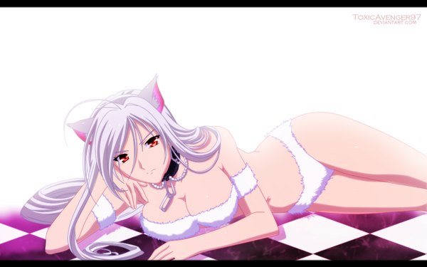 Anime picture 1000x625 with rosario+vampire akashiya moka inner moka toxicavenger97 single long hair breasts light erotic simple background red eyes wide image large breasts white background animal ears silver hair ahoge cat ears arm support cat girl underwear only