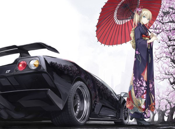 Anime picture 1360x1000 with original lamborghini tomo (machinemess) long hair looking at viewer blue eyes blonde hair ponytail japanese clothes horn (horns) cherry blossoms side ponytail girl hair ornament flower (flowers) plant (plants) tree (trees) kimono umbrella ground vehicle