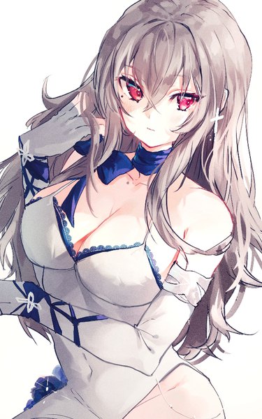Anime picture 625x1000 with azur lane saint-louis (azur lane) saint-louis (brilliant paladin) (azur lane) irohatomo single long hair tall image fringe breasts light erotic simple background hair between eyes red eyes brown hair large breasts white background looking away cleavage upper body mole