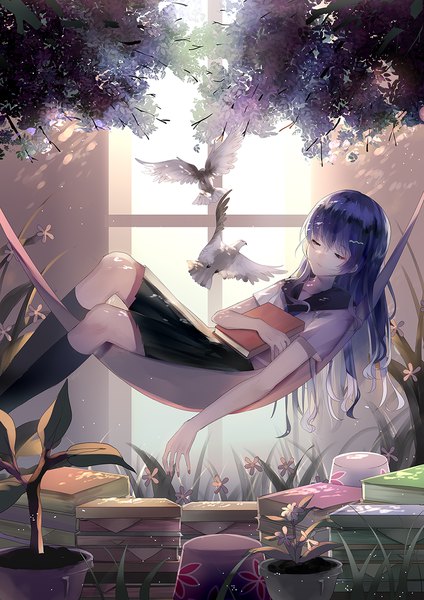 Anime picture 886x1253 with vocaloid xin hua tadatsu single long hair tall image fringe hair between eyes twintails holding blue hair silver hair indoors eyes closed pleated skirt fingernails sunlight short sleeves gradient hair sleeping