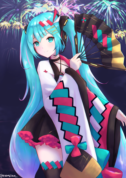 Anime picture 1771x2508 with vocaloid magical mirai (vocaloid) hatsune miku magical mirai miku magical mirai miku (2020 summer) evanstan single tall image highres twintails signed looking away very long hair aqua eyes aqua hair twitter username fireworks girl thighhighs hair ornament