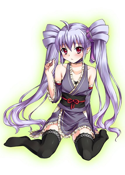 Anime picture 715x1000 with original bucchake (asami) single tall image blush red eyes twintails bare shoulders silver hair ahoge very long hair girl thighhighs dress black thighhighs detached sleeves obi