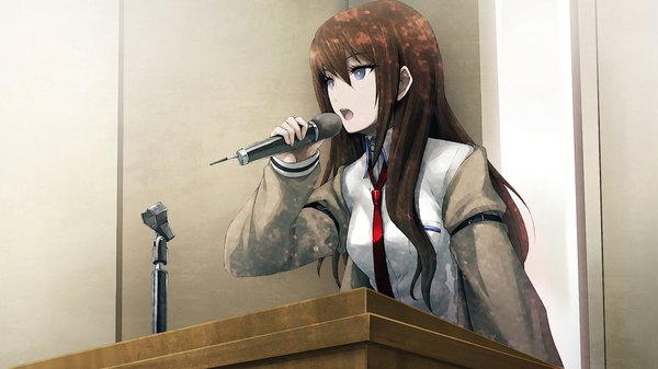 Anime picture 1920x1080 with steins;gate white fox makise kurisu huke single long hair fringe highres open mouth blue eyes hair between eyes brown hair wide image holding upper body indoors long sleeves girl shirt necktie