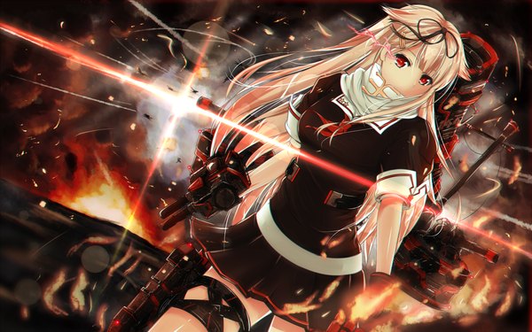 Anime picture 1920x1200 with kantai collection yuudachi destroyer raizo35 single long hair looking at viewer fringe highres blonde hair red eyes standing lens flare smoke remodel (kantai collection) girl uniform hair ornament school uniform serafuku hairclip