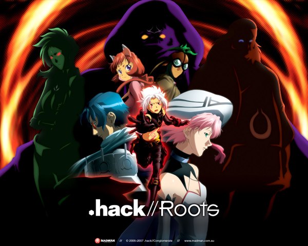 Anime picture 1280x1024 with .hack// .hack//roots .hack//g.u. haseo ovan shino tabby sakisaka short hair open mouth red eyes brown hair purple eyes bare shoulders multiple girls green eyes animal ears blue hair pink hair white hair