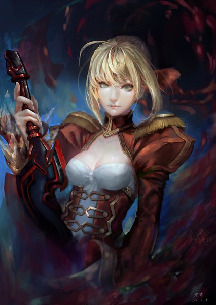 Anime picture 1634x2300 with fate (series) fate/zero fate/extra type-moon artoria pendragon (all) saber nero claudius (fate) (all) nero claudius (fate) lvcong (artist) single tall image looking at viewer blonde hair holding green eyes underbust girl weapon sword epaulettes