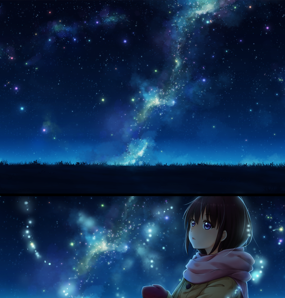 Anime picture 1200x1257 with original 857b single tall image short hair blue eyes black hair looking away night night sky multiview milky way girl jacket scarf star (stars)