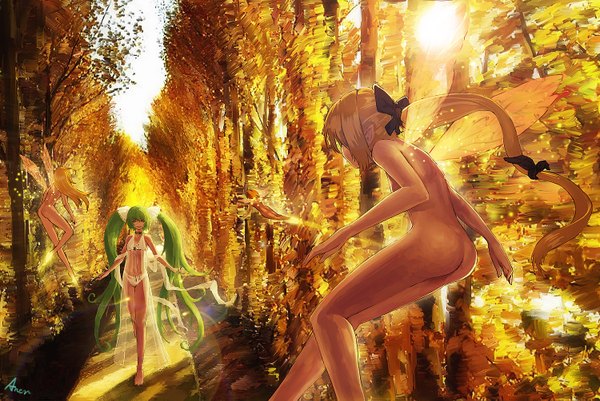 Anime picture 1500x1003 with vocaloid hatsune miku aner (qqan00) long hair light erotic blonde hair smile twintails green eyes ass ponytail very long hair green hair sunlight fairy girl swimsuit plant (plants) bikini wings