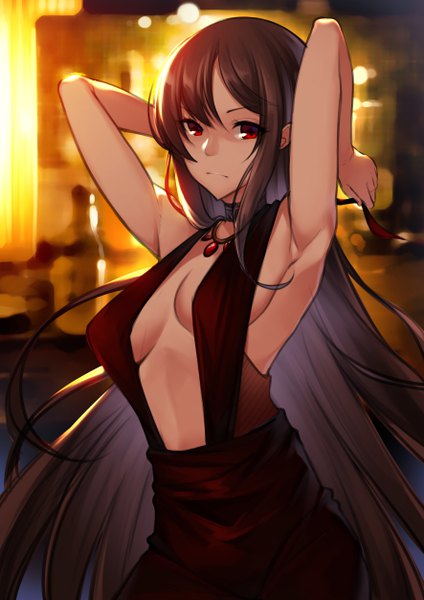 Anime picture 3541x5016 with fate (series) fate/grand order yu mei-ren (fate) nekosama shugyouchuu single long hair tall image looking at viewer fringe highres breasts light erotic hair between eyes red eyes brown hair standing payot absurdres very long hair arms up