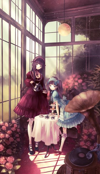 Anime picture 1191x2069 with original kaoming long hair tall image looking at viewer open mouth smile standing twintails multiple girls pink hair sunlight grey eyes girl dress hair ornament flower (flowers) 2 girls plant (plants) socks