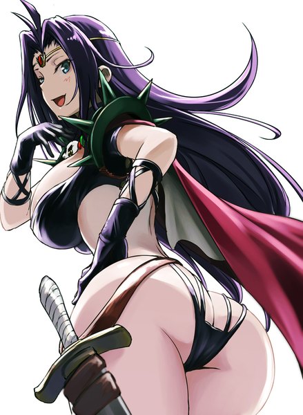 Anime picture 811x1108 with slayers j.c. staff naga the serpent tea (nakenashi) single long hair tall image looking at viewer breasts open mouth light erotic simple background large breasts white background green eyes purple hair ahoge ass :d looking back