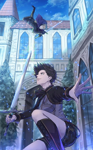 Anime picture 570x915 with original kankito tall image short hair blue eyes black hair smile brown hair holding sky cloud (clouds) full body outdoors profile kneeling outstretched arm looking up lacing battle falling