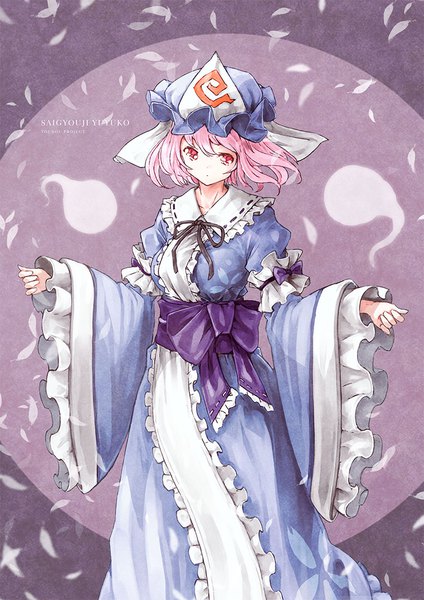 Anime picture 778x1100 with touhou saigyouji yuyuko satyuas single tall image short hair red eyes standing looking away pink hair copyright name character names spread arms girl hat petals frills bonnet triangular headpiece