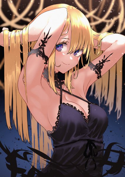 Anime picture 2046x2894 with original kesuno single long hair tall image blush fringe highres breasts light erotic blonde hair smile hair between eyes large breasts purple eyes looking away cleavage upper body arms up armpit (armpits)
