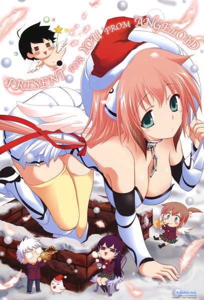 Anime picture 4078x6012 with sora no otoshimono ikaros tall image highres short hair breasts light erotic large breasts green eyes absurdres cleavage fur trim chibi girl glasses fur chain collar santa claus hat