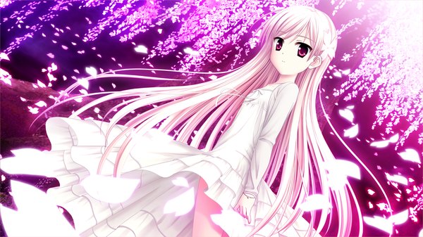 Anime picture 1280x720 with sakura sakimashita akizuki tsukasa single long hair red eyes wide image game cg white hair girl dress petals