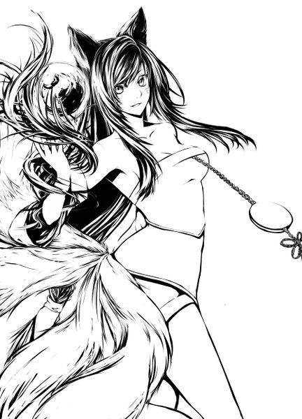 Anime picture 900x1250 with league of legends ahri (league of legends) harutogura single long hair tall image looking at viewer simple background white background bare shoulders animal ears tail traditional clothes japanese clothes animal tail fox ears facial mark fox tail monochrome multiple tails