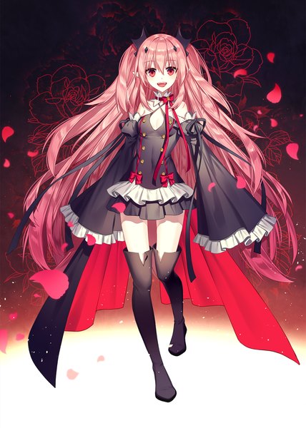 Anime picture 1000x1400 with owari no seraph wit studio kururu tepes liluo (jinha) single tall image looking at viewer blush fringe open mouth hair between eyes red eyes bare shoulders pink hair long sleeves very long hair pointy ears wide sleeves two side up floral print