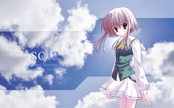 Anime picture 1920x1200 with sola morimiya aono nanao naru single fringe highres short hair red eyes wide image signed payot sky cloud (clouds) white hair wallpaper copyright name character names girl uniform school uniform