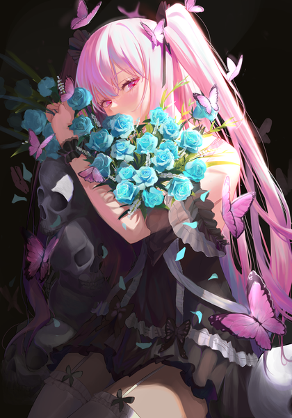 Anime picture 2372x3387 with virtual youtuber hololive uruha rushia uruha rushia (3rd costume) cherrymaru single long hair tall image looking at viewer fringe highres simple background hair between eyes sitting pink hair pink eyes two side up black background covered mouth girl