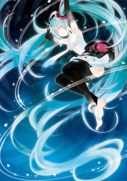 Anime picture 1748x2480 with vocaloid vocaloid append hatsune miku hatsune miku (append) miyabi akino single tall image highres twintails eyes closed very long hair barefoot aqua hair armpit (armpits) girl thighhighs detached sleeves necktie