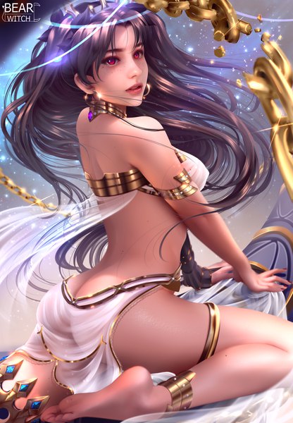 Anime picture 1870x2700 with fate (series) fate/grand order ishtar (fate) bearwitch single long hair tall image highres breasts light erotic black hair red eyes sitting signed payot looking away bent knee (knees) ass nail polish parted lips