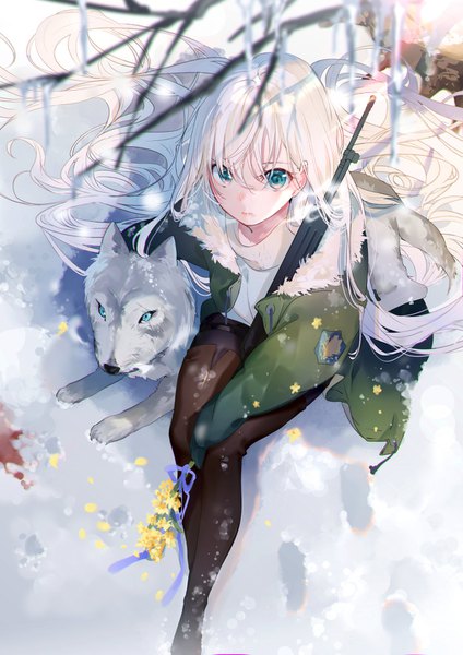 Anime picture 1157x1637 with original miwano rag single long hair tall image fringe hair between eyes sitting looking away outdoors white hair aqua eyes from above blurry open jacket fur trim winter footprints girl weapon