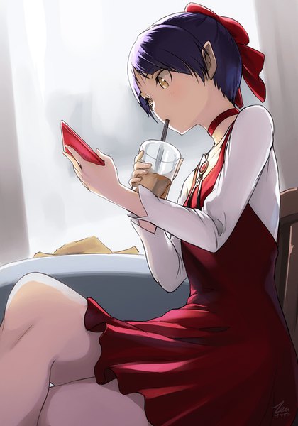 Anime picture 630x900 with gegege no kitarou toei animation nekomusume nekomusume (gegege no kitarou 6) tea (nakenashi) single tall image blush fringe short hair sitting holding signed yellow eyes purple hair pointy ears crossed legs drinking girl dress